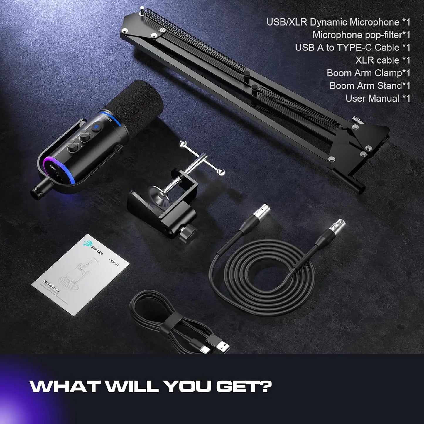 XLR/USB Gaming Microphone Kit: Dynamic PC Mic for Streaming Podcasting, Mute Button, Reverb Effects, RGB Computer Mic with Arm