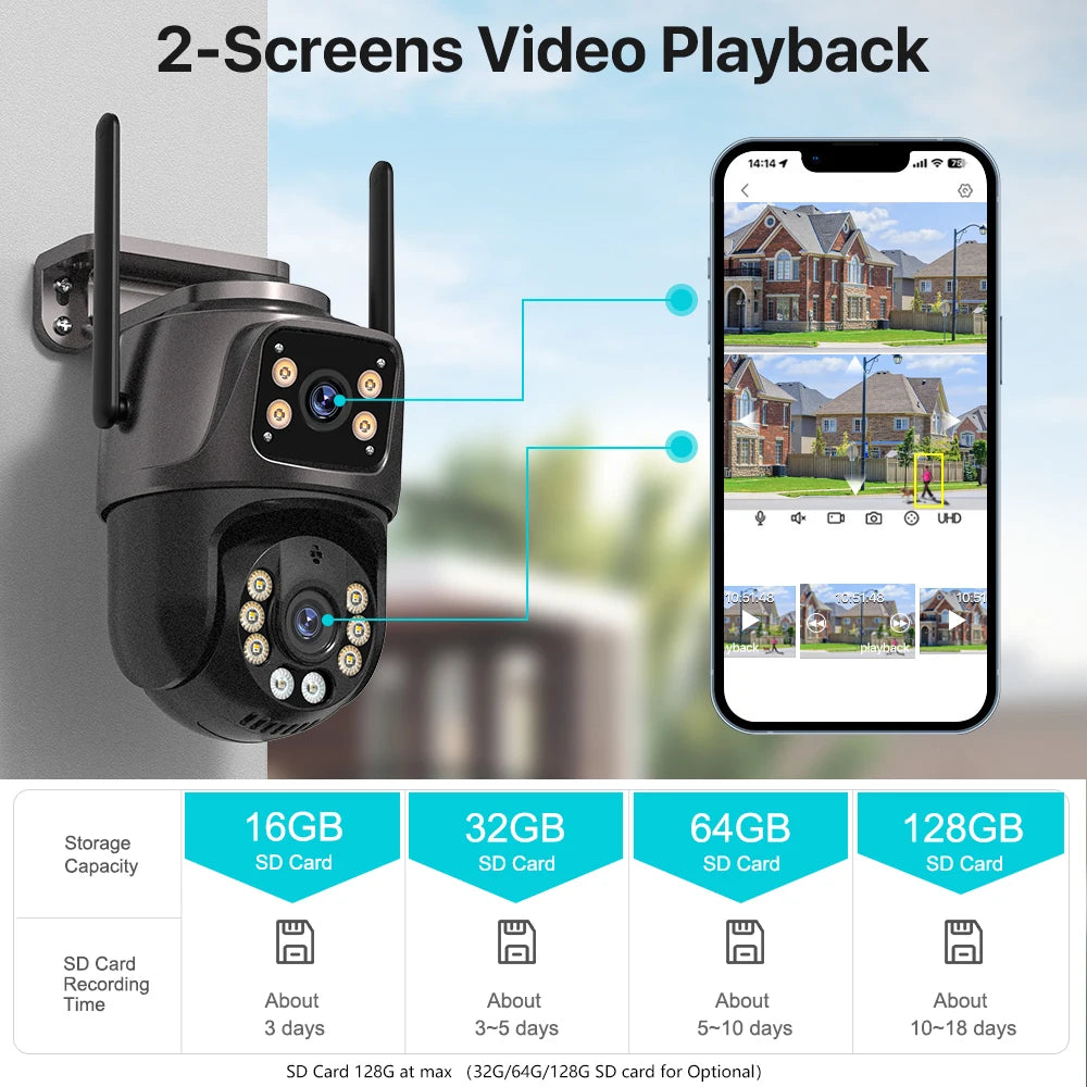 PTZ Utomhuskamera med Dubbla Linser – 4MP/8MP, WiFi, AI-spårning, Färg-nattseende och iCSee