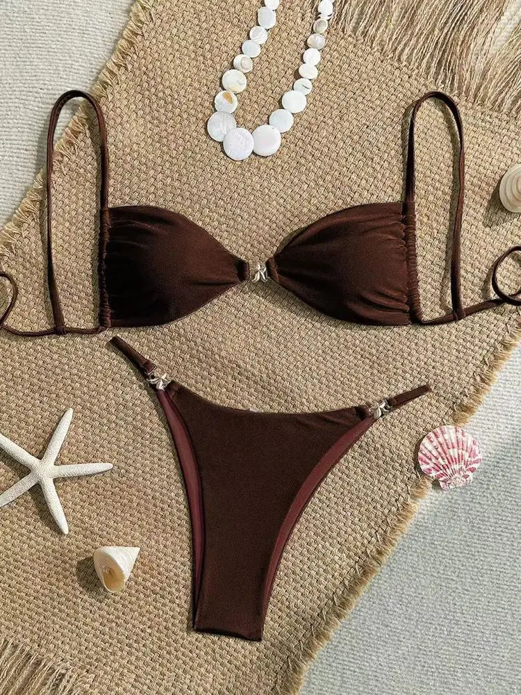 Cikini Women's Sexy Bikini Two Pieces Set Accessories Glossy Texture Special Fabric Solid Color Summer Beach Swimwear