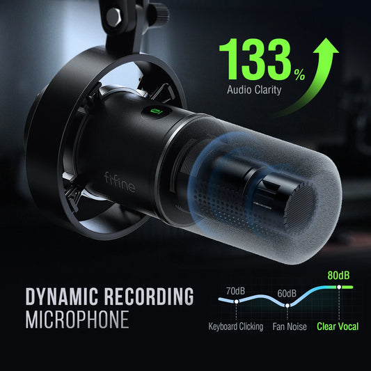 FIFINE K688 Dynamisk Mikrofon USB + XLR – Touch-Mute Hörlursjack Gain-Knapp Stötdämpare 130dB Kardioid CE/FCC Vit Svart Rosa