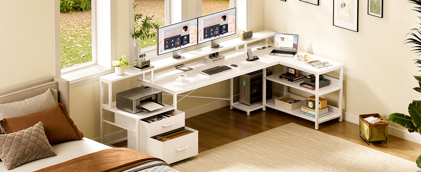 Coleshome desk with Drawers, 189.3 × 100cm Reversible Corner desk Large with 2 sockets & USB Charging Port, White