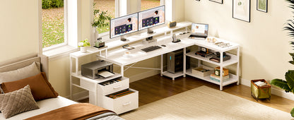 Coleshome desk with Drawers, 189.3 × 100cm Reversible Corner desk Large with 2 sockets & USB Charging Port, White