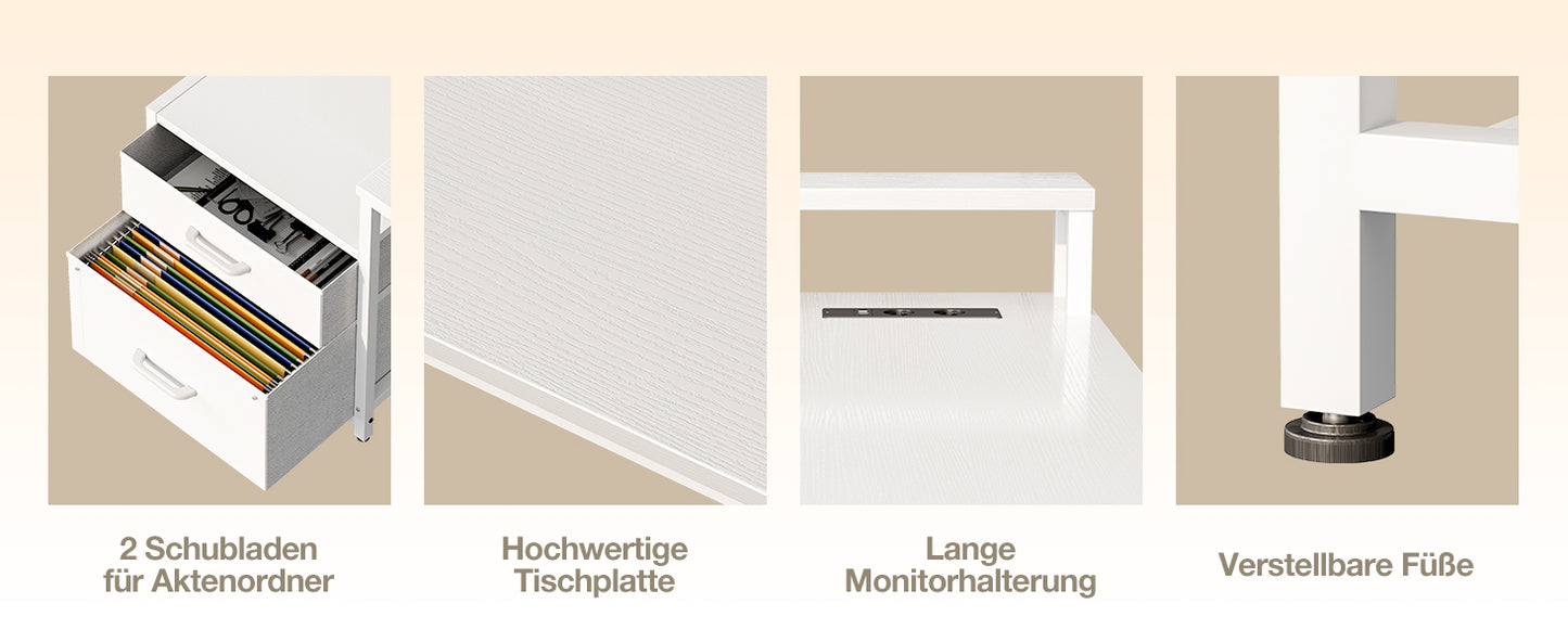 Coleshome desk with Drawers, 189.3 × 100cm Reversible Corner desk Large with 2 sockets & USB Charging Port, White