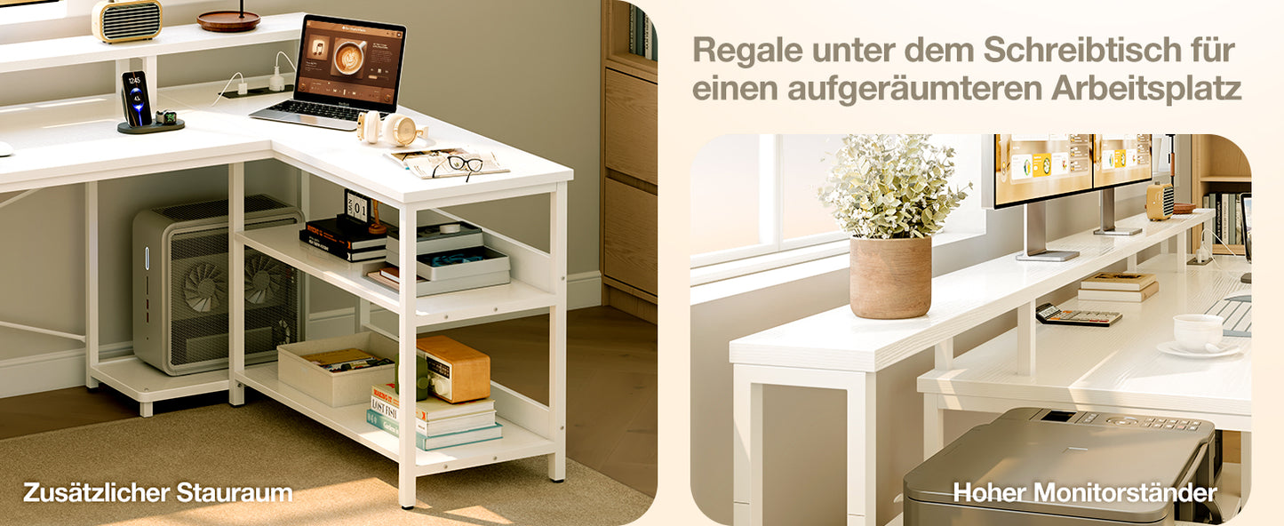 Coleshome desk with Drawers, 189.3 × 100cm Reversible Corner desk Large with 2 sockets & USB Charging Port, White