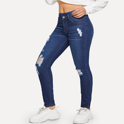 Damjeans Ripped Hög Midja – Skinny Pencil Mörkblå Tvättad Denim S–3XL 2026