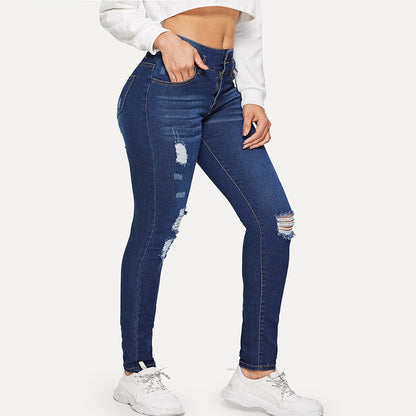 Damjeans Ripped Hög Midja – Skinny Pencil Mörkblå Tvättad Denim S–3XL 2026