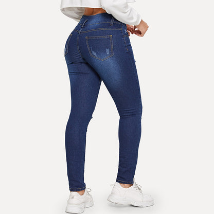 Damjeans Ripped Hög Midja – Skinny Pencil Mörkblå Tvättad Denim S–3XL 2026