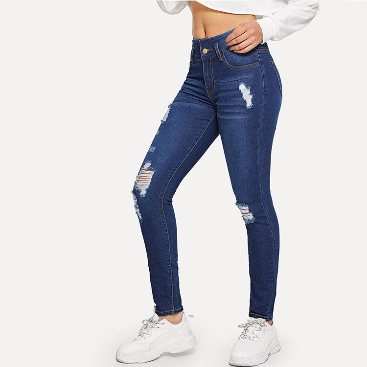 Damjeans Ripped Hög Midja – Skinny Pencil Mörkblå Tvättad Denim S–3XL 2026