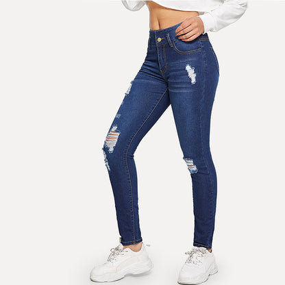 Damjeans Ripped Hög Midja – Skinny Pencil Mörkblå Tvättad Denim S–3XL 2026