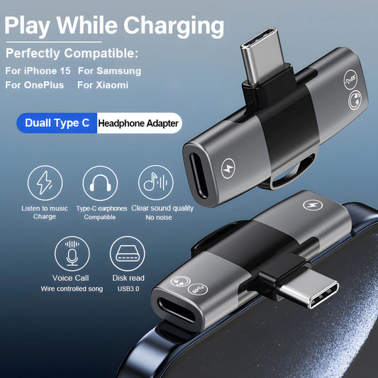 USB-C Splitter med Dubbla USB-C – Ljud + PD 15W Laddning för iPhone 15, Samsung och MacBook