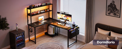 Coleshome L-Shaped Gaming Desk with Led and Sockets, 135×100cm, Black