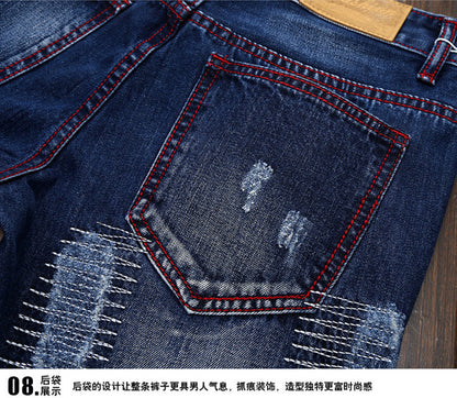 Men Jeans Long Pant Denim Pants Slim Fit Straight Trousers High Waist Solid Regular Button Pocket Splice Casual Autumn 2024