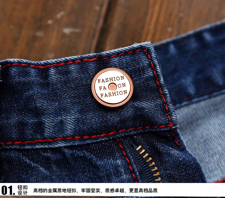 Men Jeans Long Pant Denim Pants Slim Fit Straight Trousers High Waist Solid Regular Button Pocket Splice Casual Autumn 2024