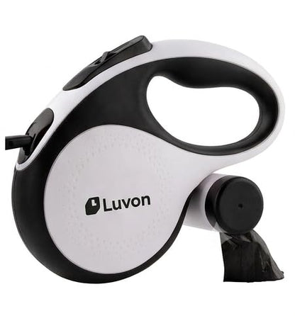 LUVON Infällbart Hundkoppel – 5 m trasselfritt utdragbart koppel | Ergonomiskt handtag | Kraftigt nylonband | Bajspåsehållare + 15 påsar ingår | Infällbart koppel för medelstora & stora hundar upp till 30 kg
