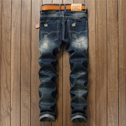 Herrjeans Patch & Hål Design Slim Straight – Mörkblå Street Style för Herr 2026