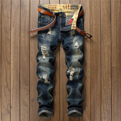Herrjeans Patch & Hål Design Slim Straight – Mörkblå Street Style för Herr 2026