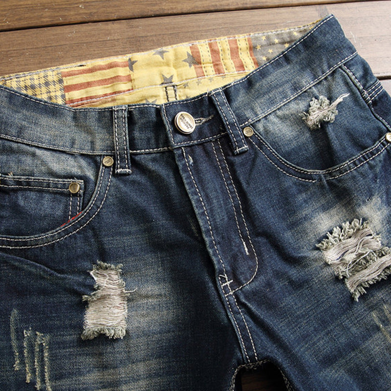 Herrjeans Patch & Hål Design Slim Straight – Mörkblå Street Style för Herr 2026