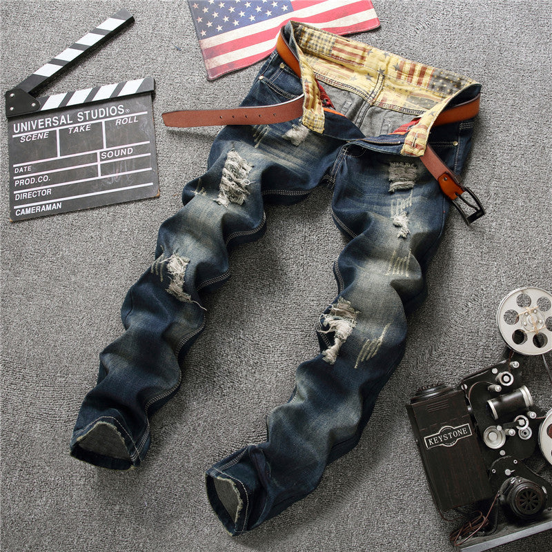 Herrjeans Patch & Hål Design Slim Straight – Mörkblå Street Style för Herr 2026