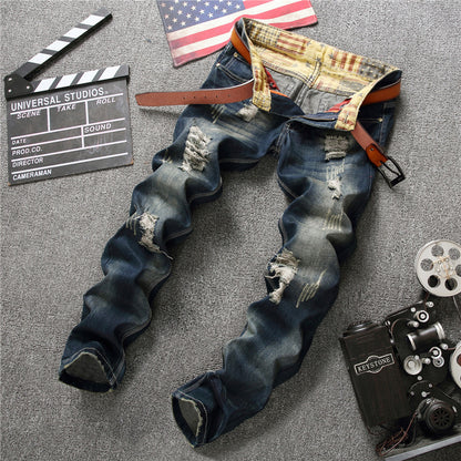 Herrjeans Patch & Hål Design Slim Straight – Mörkblå Street Style för Herr 2026