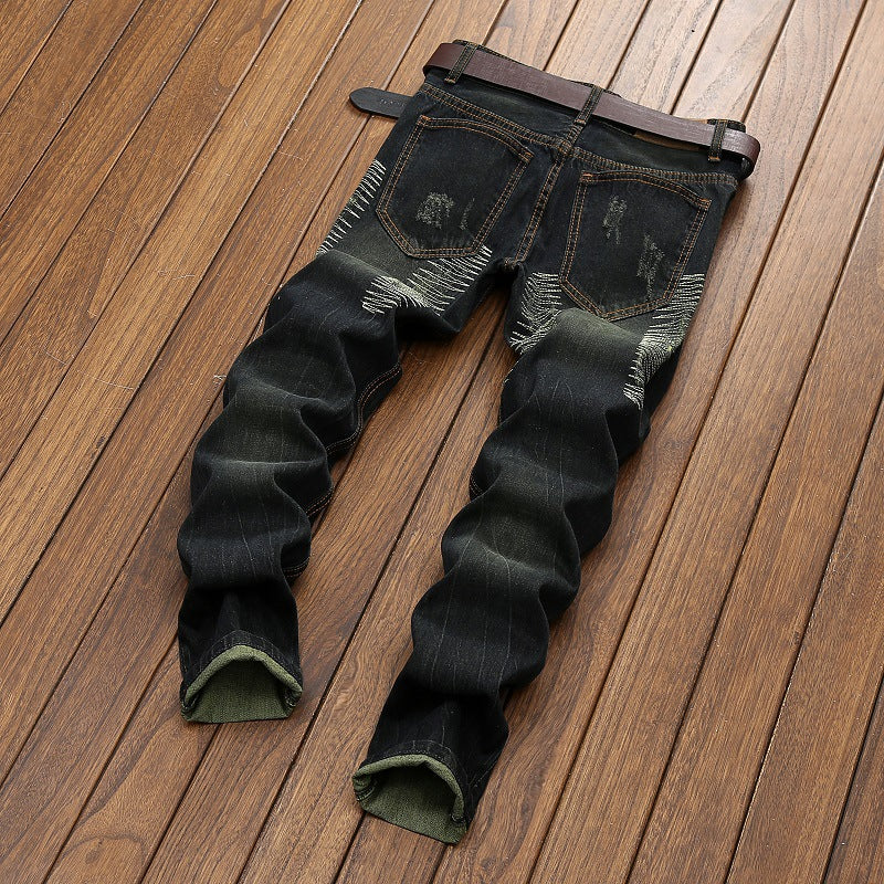 Men Jeans Long Pant Denim Pants Slim Fit Straight Trousers High Waist Solid Regular Button Pocket Splice Casual Autumn 2024