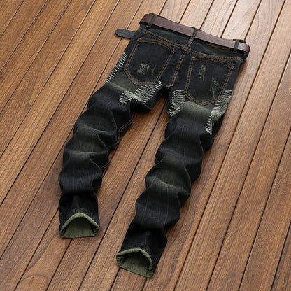Men Jeans Long Pant Denim Pants Slim Fit Straight Trousers High Waist Solid Regular Button Pocket Splice Casual Autumn 2024
