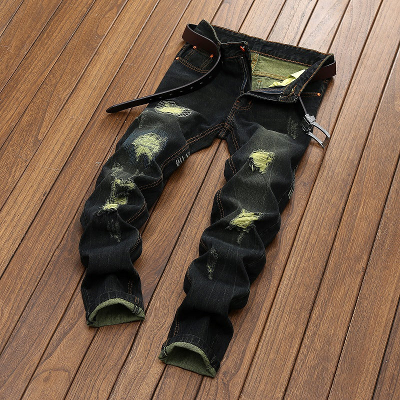 Men Jeans Long Pant Denim Pants Slim Fit Straight Trousers High Waist Solid Regular Button Pocket Splice Casual Autumn 2024