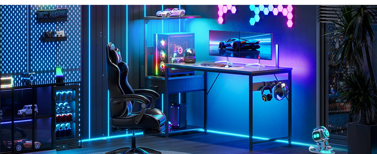 Coleshome Gaming Table with Led Lights,138×48Cm Gaming Desk with Drawers and Shelf