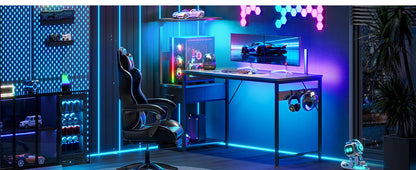 Coleshome Gaming Table with Led Lights,138×48Cm Gaming Desk with Drawers and Shelf