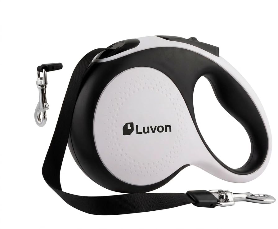 LUVON Infällbart Hundkoppel – 5 m trasselfritt utdragbart koppel | Ergonomiskt handtag | Kraftigt nylonband | Bajspåsehållare + 15 påsar ingår | Infällbart koppel för medelstora & stora hundar upp till 30 kg