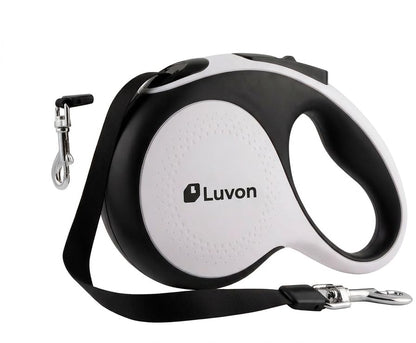 LUVON Infällbart Hundkoppel – 5 m trasselfritt utdragbart koppel | Ergonomiskt handtag | Kraftigt nylonband | Bajspåsehållare + 15 påsar ingår | Infällbart koppel för medelstora & stora hundar upp till 30 kg