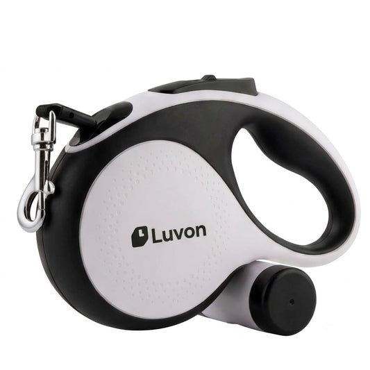 LUVON Infällbart Hundkoppel – 5 m trasselfritt utdragbart koppel | Ergonomiskt handtag | Kraftigt nylonband | Bajspåsehållare + 15 påsar ingår | Infällbart koppel för medelstora & stora hundar upp till 30 kg