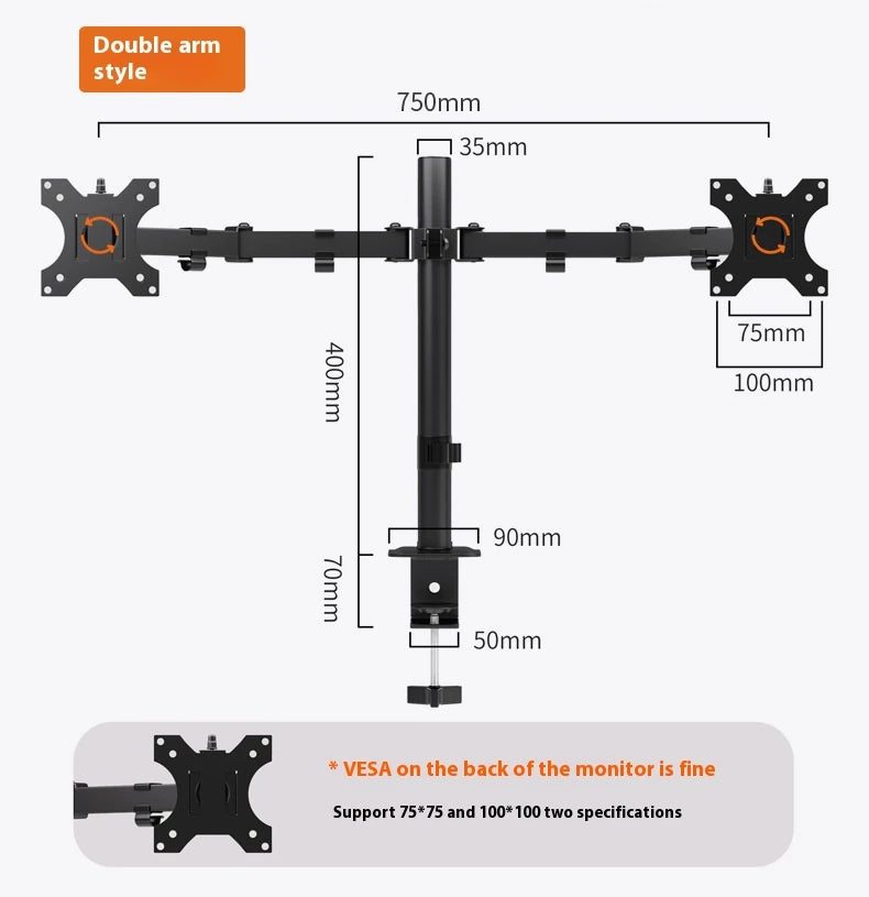 MS02N Laptop Desktop Dual Arm Computer Monitor Bracket 360° Rotary Height Adjustable Monitors Support Mount Stand for 10''-30''