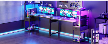Coleshome Gaming Table with Led Lights,138×48Cm Gaming Desk with Drawers and Shelf