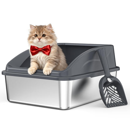 AIPERRO Kattlåda i rostfritt stål – XL innesluten kattlåda med lock för stora katter, höga sidor, urinläckageskydd, non-stick botten, inkl. kattströmatta & metallskopa