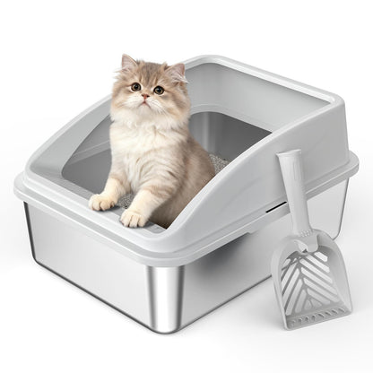 AIPERRO Kattlåda i rostfritt stål – XL innesluten kattlåda med lock för stora katter, höga sidor, urinläckageskydd, non-stick botten, inkl. kattströmatta & metallskopa
