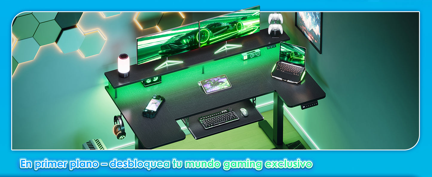 Offigo U Shape Elevating Desk Table, 140cm Electric Elevating Desk with Monitor Stand, USB Plugs and Charging, Standing Desk with Led, Table for Gaming Computer and Office, Black