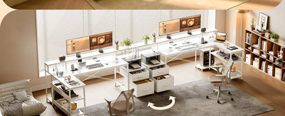 Coleshome desk with Drawers, 189.3 × 100cm Reversible Corner desk Large with 2 sockets & USB Charging Port, White