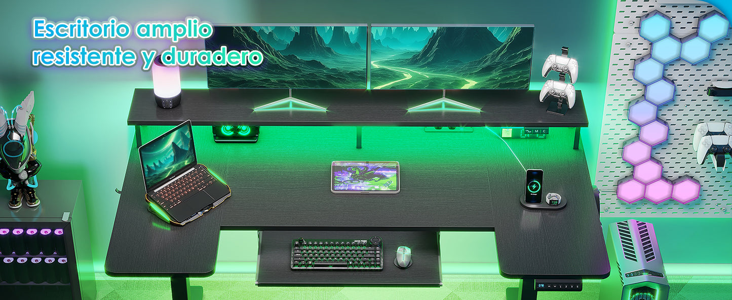 Offigo U Shape Elevating Desk Table, 140cm Electric Elevating Desk with Monitor Stand, USB Plugs and Charging, Standing Desk with Led, Table for Gaming Computer and Office, Black