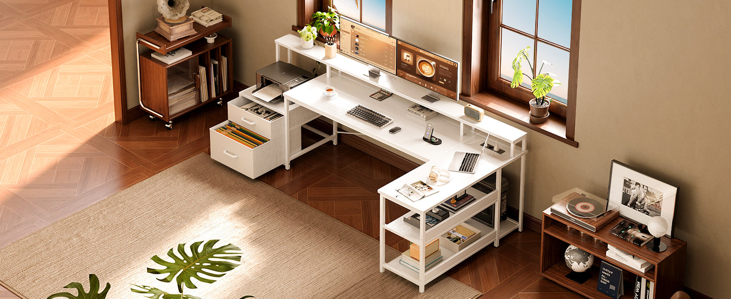 Coleshome desk with Drawers, 189.3 × 100cm Reversible Corner desk Large with 2 sockets & USB Charging Port, White
