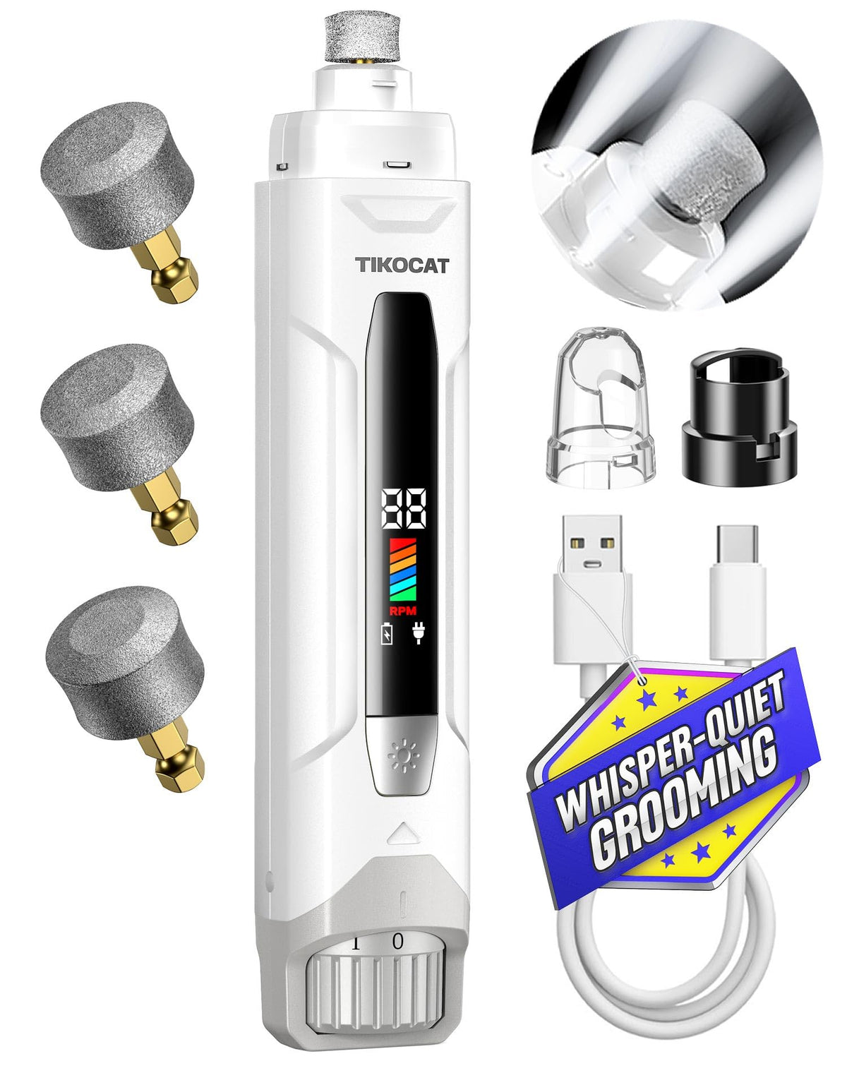 Viskande tyst hundnagelslipare – 50% kraftigare, 6 hastigheter, LED-display & 4 LED-lampor, 3 slipbitar, ingen överskurning, stressfri vård för hundar, katter & känsliga husdjur