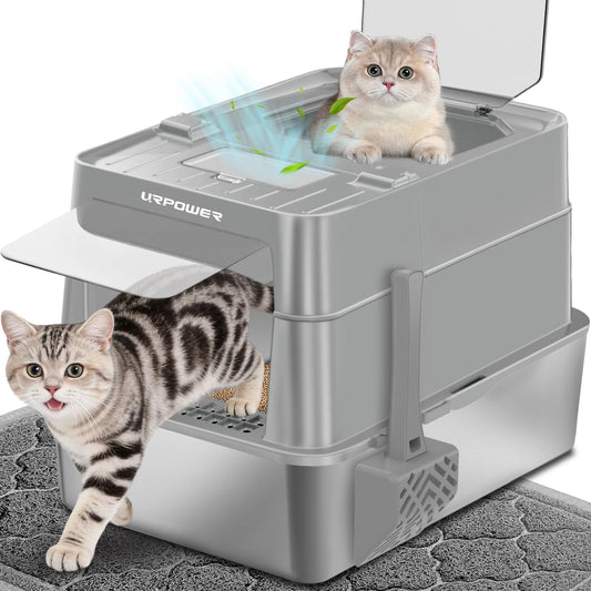 URPOWER kattlåda i rostfritt stål med fläpplock – extra stor innesluten kattlåda, non-stick metallbricka med höga sidor & skopa, luktfri, ingång fram & uppifrån, läckagesäker, lätt att rengöra