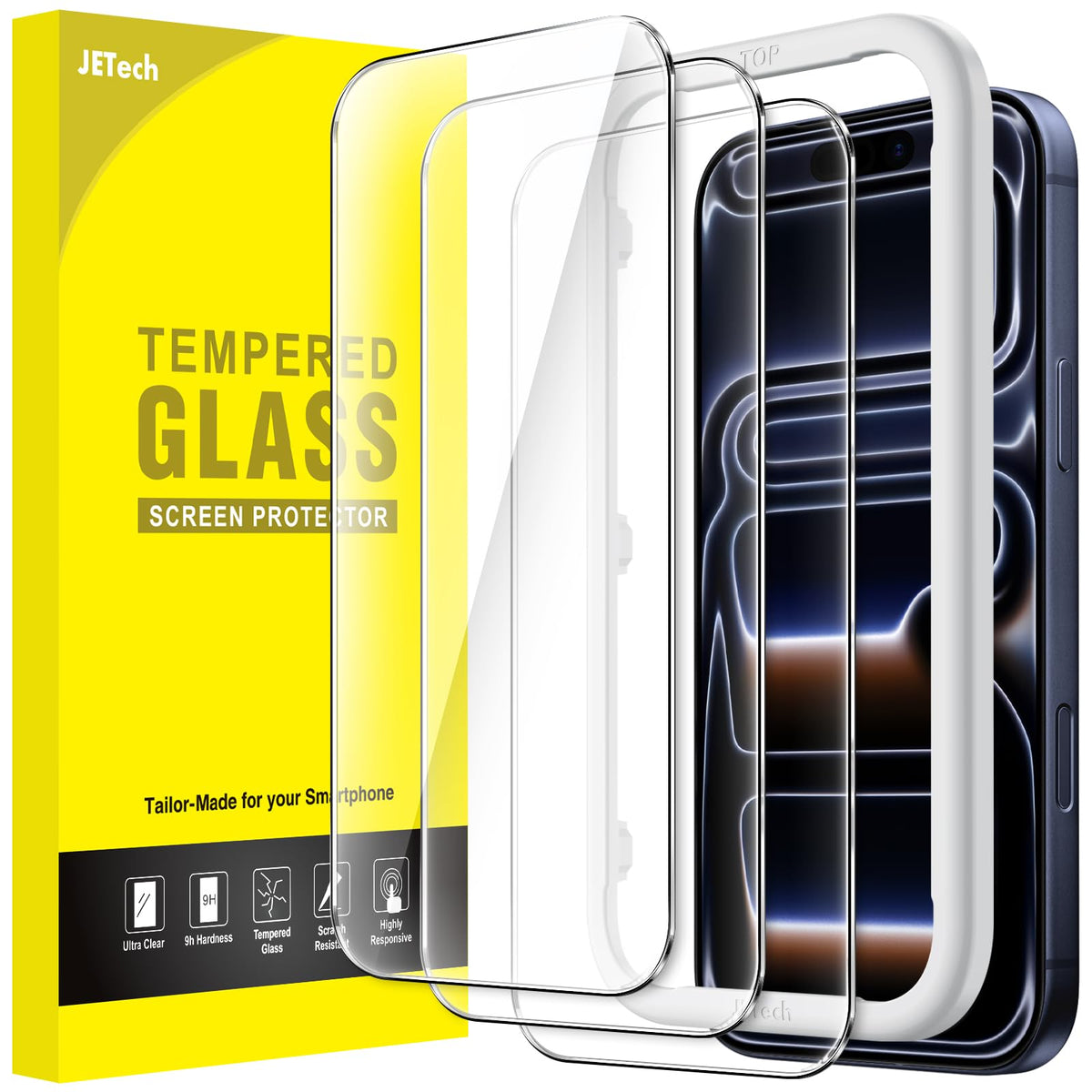 JETech Skärmskydd iPhone 15–17-serien – Härdat glas 9H, HD-klar, anti-fingeravtryck, 3-pack