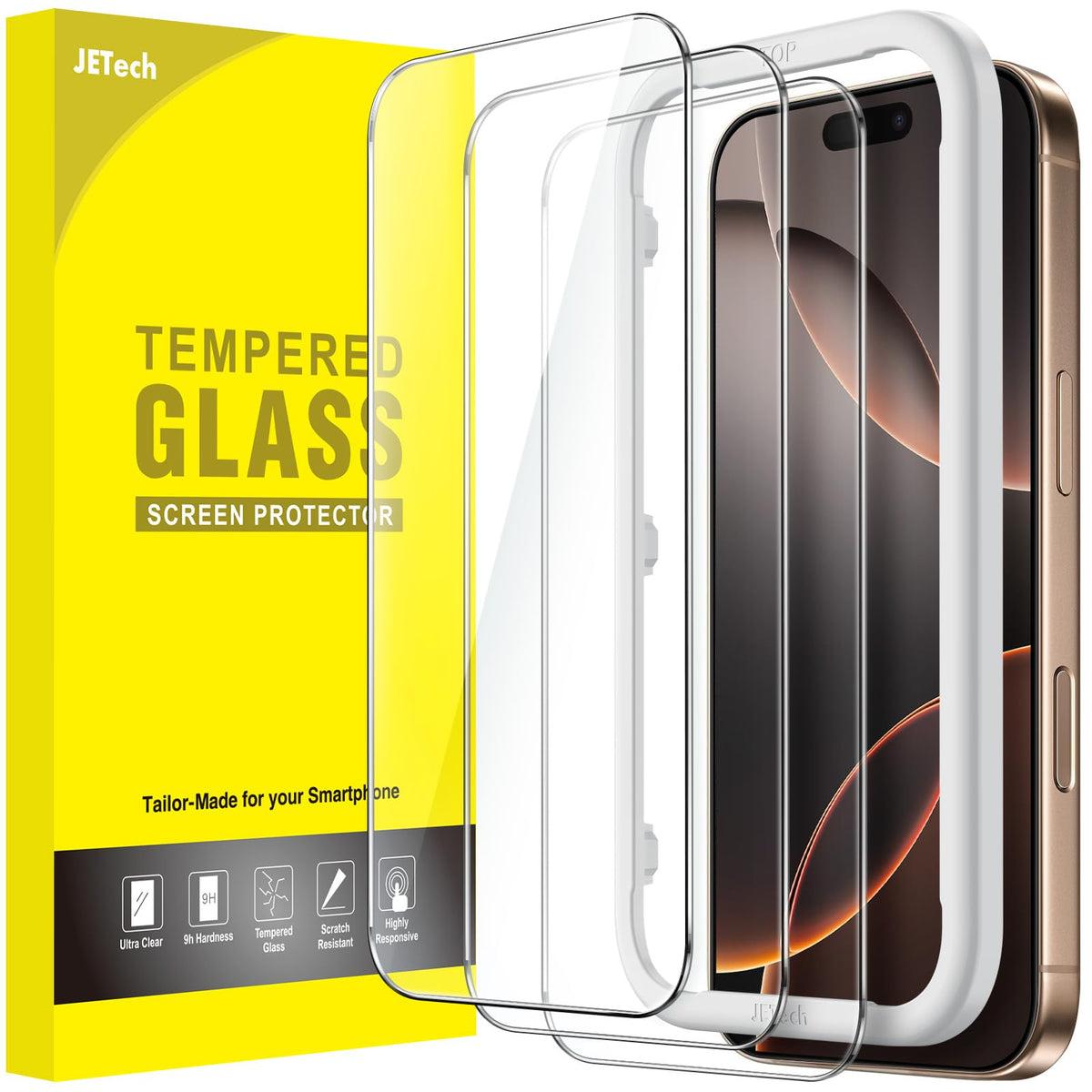 JETech Skärmskydd iPhone 15–17-serien – Härdat glas 9H, HD-klar, anti-fingeravtryck, 3-pack
