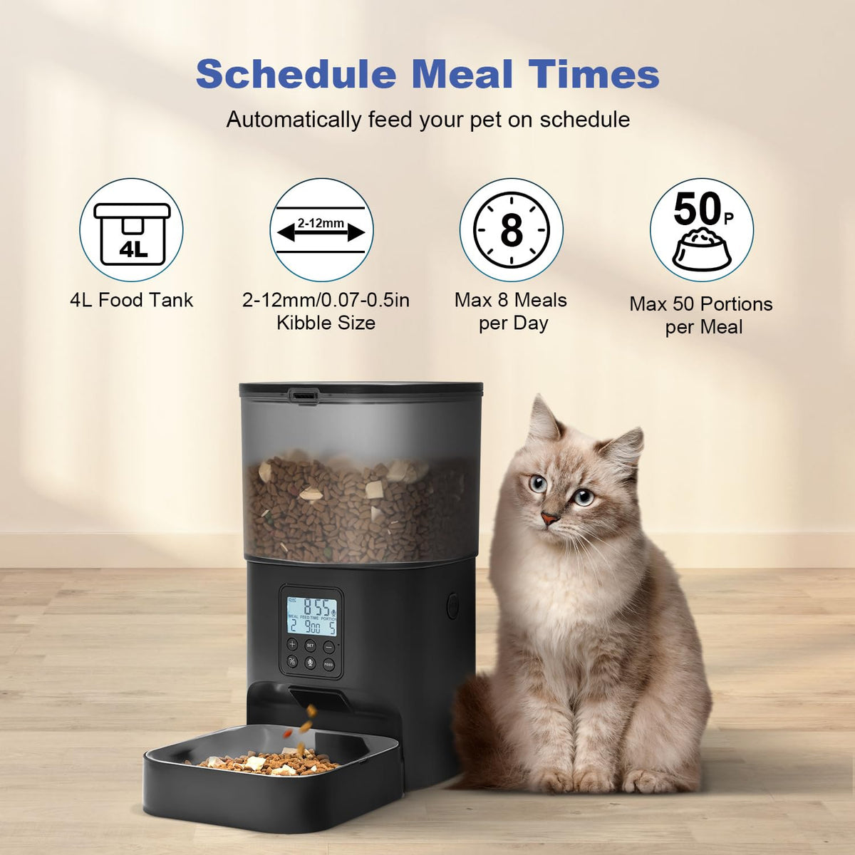 Automatisk Kattmatare – Kattmatsautomat med 10 sekunders röstinspelning, upp till 8 måltider per dag, tidsstyrd matare med tätningsring för torrfoder