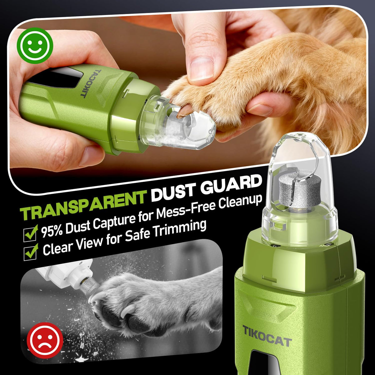 Viskande tyst hundnagelslipare – 50% kraftigare, 6 hastigheter, LED-display & 4 LED-lampor, 3 slipbitar, ingen överskurning, stressfri vård för hundar, katter & känsliga husdjur