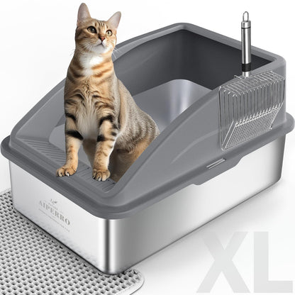 AIPERRO Kattlåda i rostfritt stål – XL innesluten kattlåda med lock för stora katter, höga sidor, urinläckageskydd, non-stick botten, inkl. kattströmatta & metallskopa
