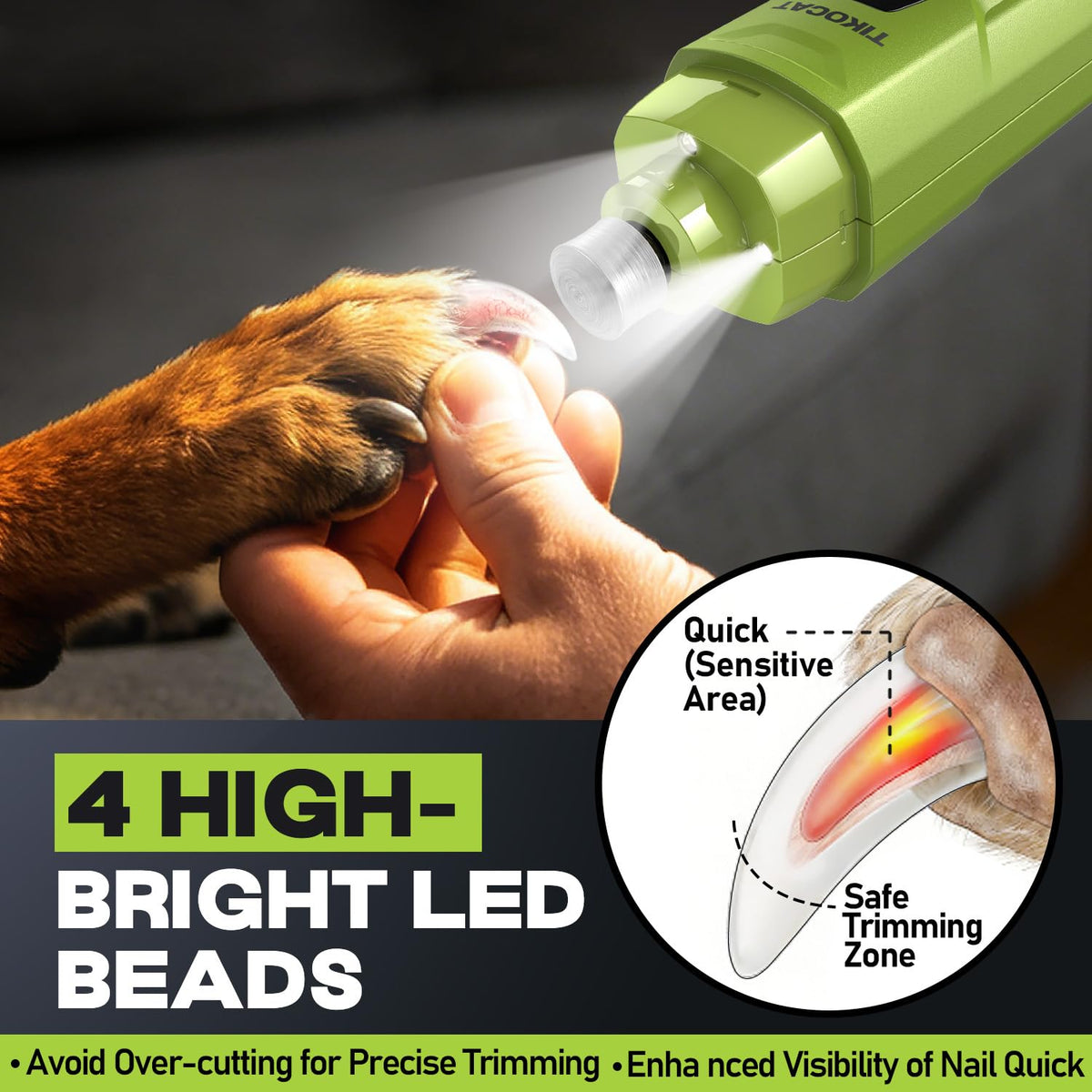 Viskande tyst hundnagelslipare – 50% kraftigare, 6 hastigheter, LED-display & 4 LED-lampor, 3 slipbitar, ingen överskurning, stressfri vård för hundar, katter & känsliga husdjur