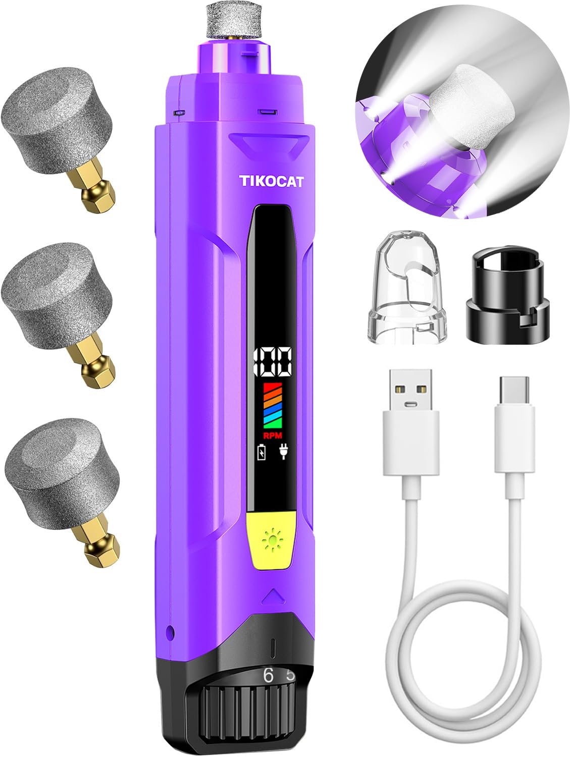 Viskande tyst hundnagelslipare – 50% kraftigare, 6 hastigheter, LED-display & 4 LED-lampor, 3 slipbitar, ingen överskurning, stressfri vård för hundar, katter & känsliga husdjur