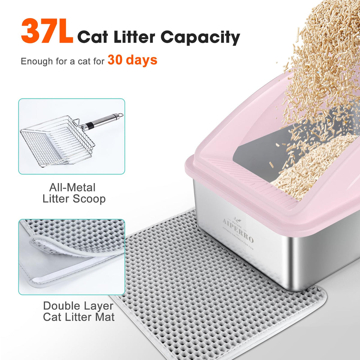 AIPERRO Kattlåda i rostfritt stål – XL innesluten kattlåda med lock för stora katter, höga sidor, urinläckageskydd, non-stick botten, inkl. kattströmatta & metallskopa