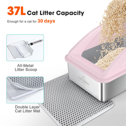 AIPERRO Kattlåda i rostfritt stål – XL innesluten kattlåda med lock för stora katter, höga sidor, urinläckageskydd, non-stick botten, inkl. kattströmatta & metallskopa